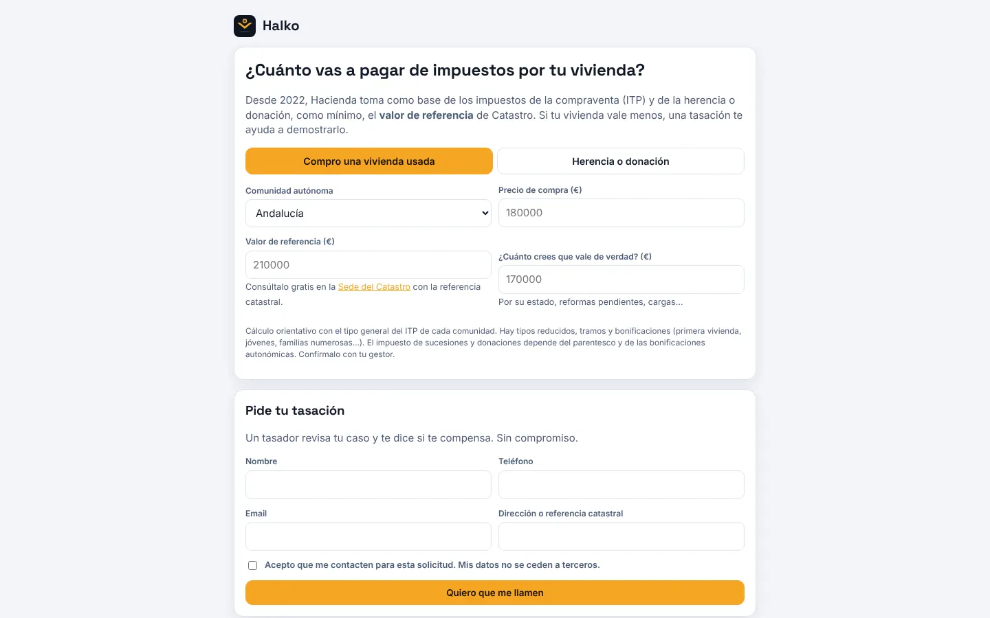 Pantalla de Halko: Captación, bolsa y avisos