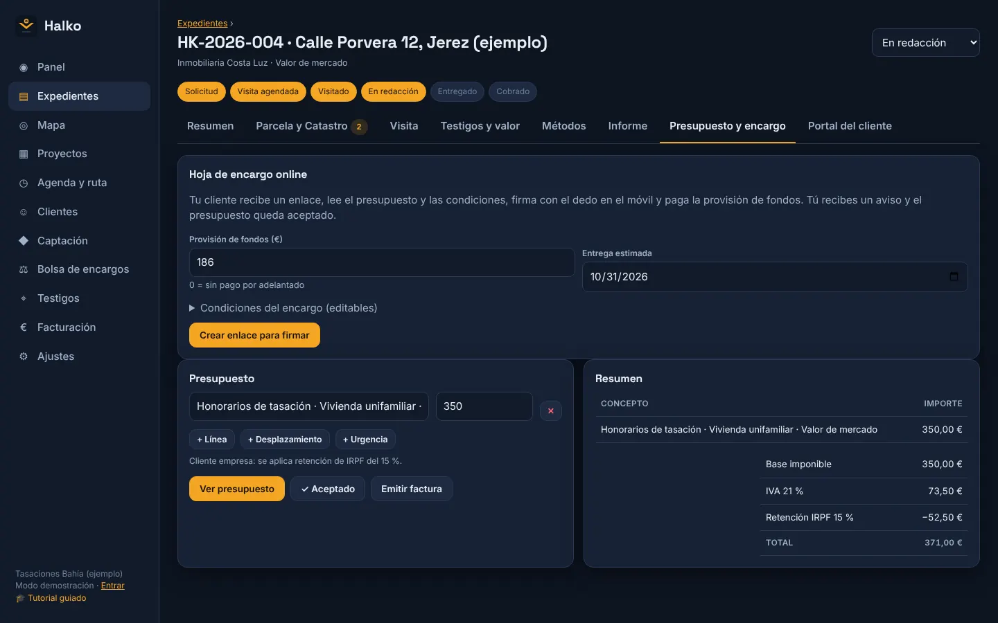 Pantalla de Halko: Presupuesto, firma y cobro
