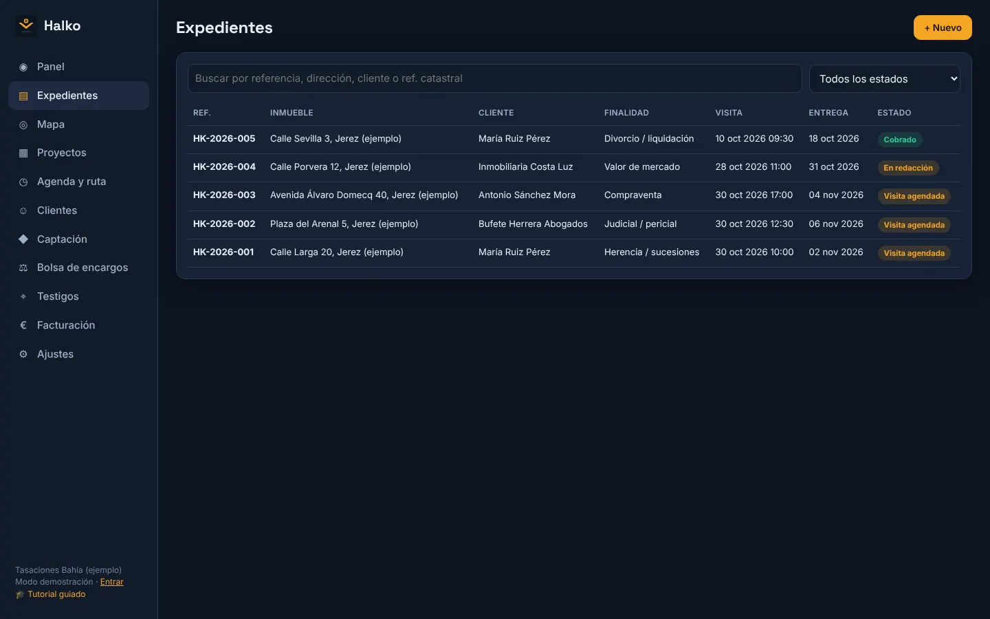 Pantalla de Halko: Crear un expediente