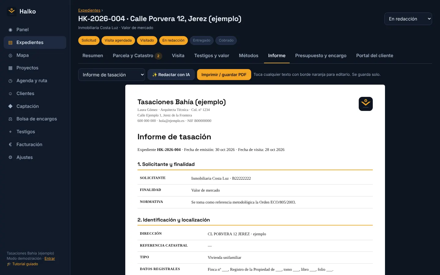 Pantalla de Halko: Informe y dictamen